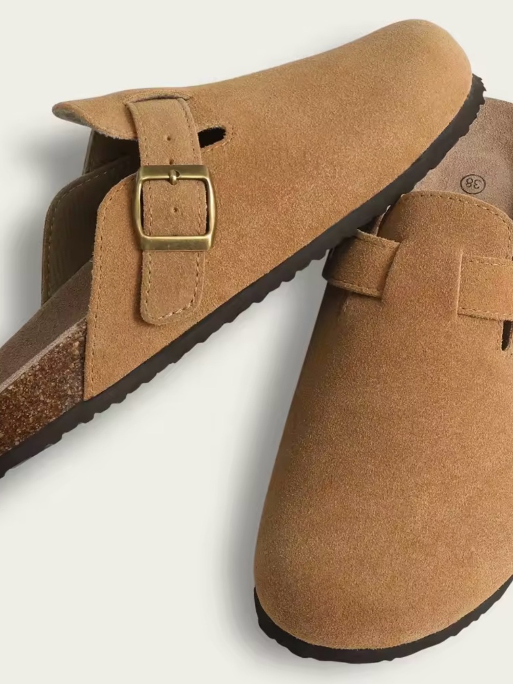 Women's Suede Slip-On sandals in Tan with Buckle